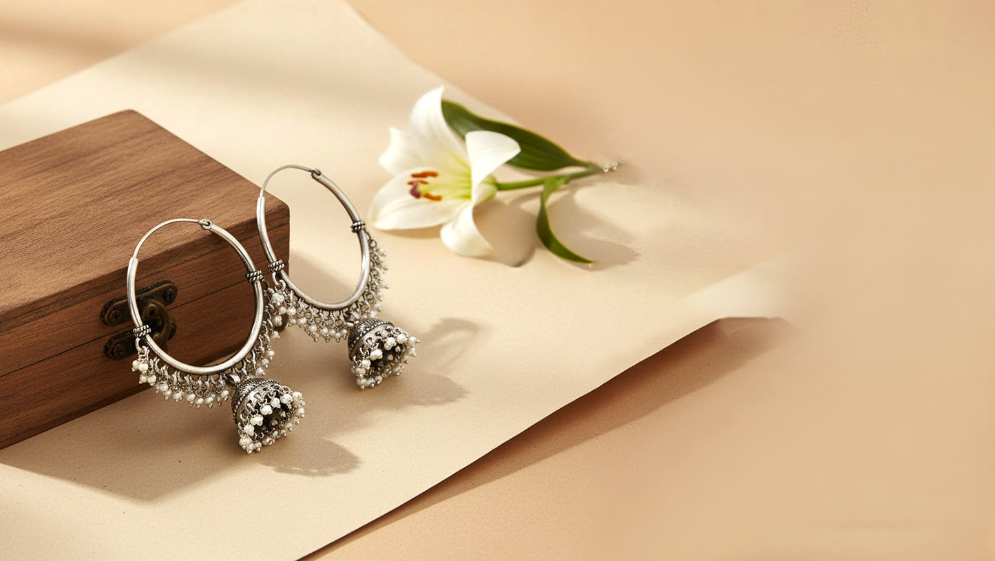 Contemporary Tribal Silver Hoop Jhumka Earrings