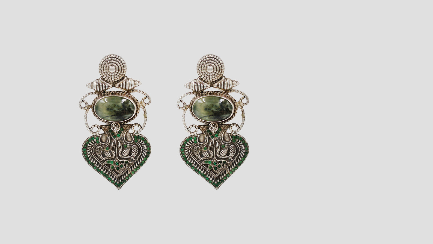 Sangeeta Boochra Heritage Oxidised Silver Green Stone Dangle Earrings