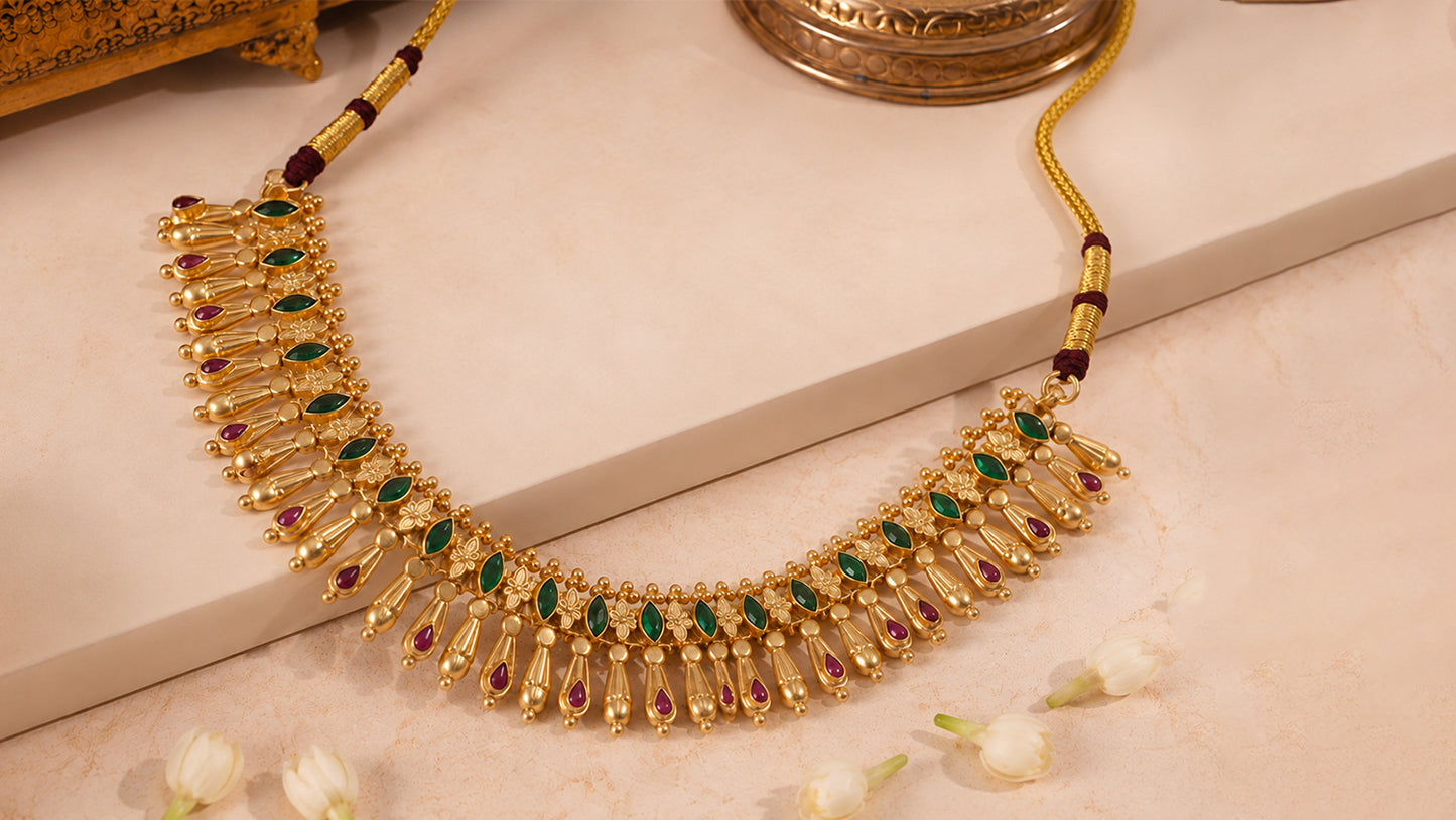 Sangeeta Boochra Gold-Plated Silver Necklace with Green & Ruby Stone Detailing