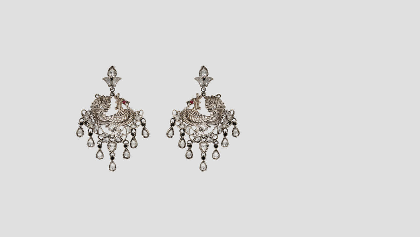 Sangeeta Boochra Oxidised Silver Peacock Motif Statement Earrings