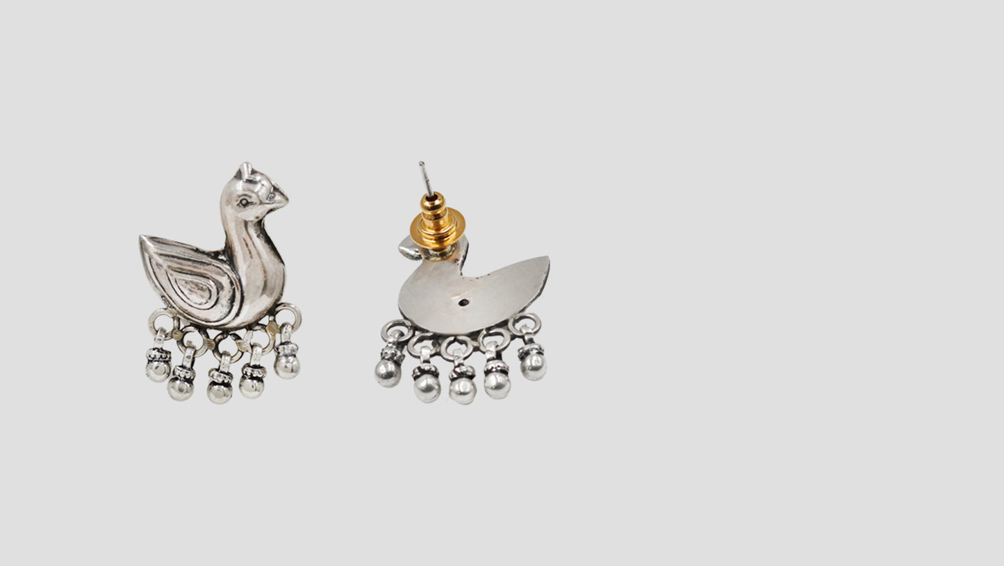 Sangeeta Boochra Handcrafted Oxidised Sterling Silver Peacock Motif Earrings