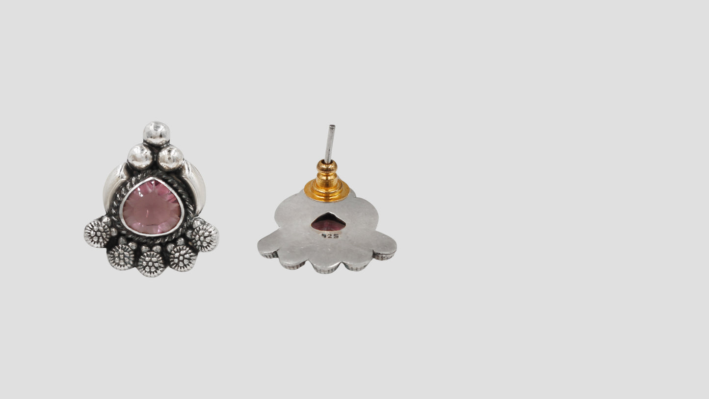 Oxidised Silver Floral Stud Earrings with Pink Stone – Sangeeta Boochra