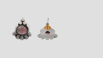 Oxidised Silver Floral Stud Earrings with Pink Stone – Sangeeta Boochra
