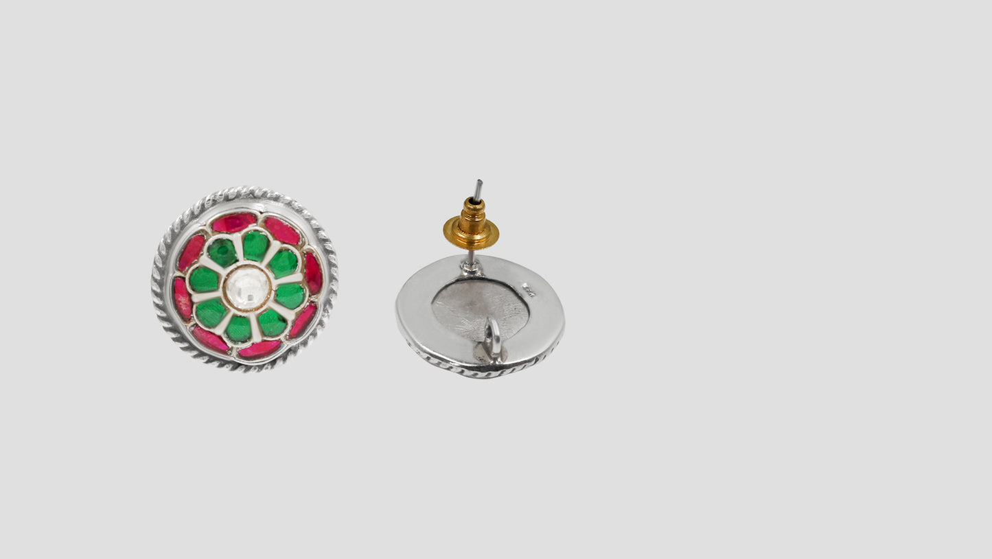 Sangeeta Boochra Green-Red Floral Kundan Silver Studs