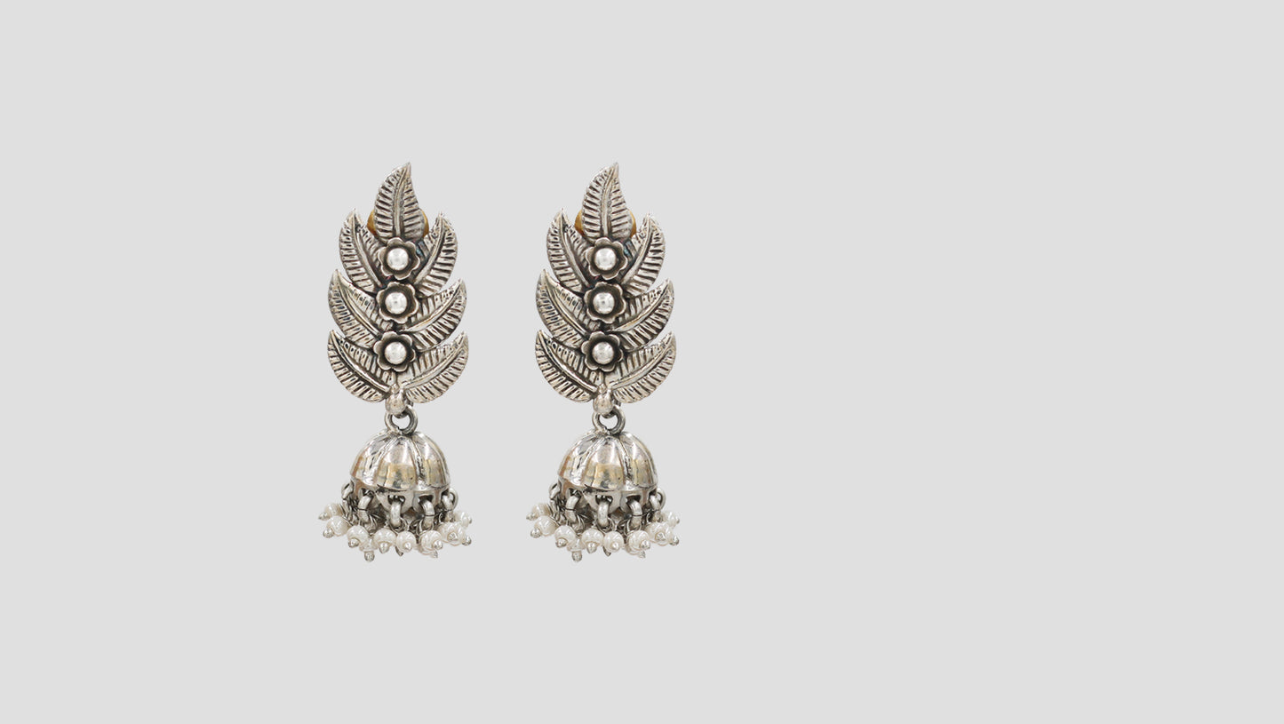 Sangeeta Boochra Leaf Motif Oxidised Silver Jhumka Earrings