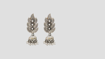 Sangeeta Boochra Leaf Motif Oxidised Silver Jhumka Earrings