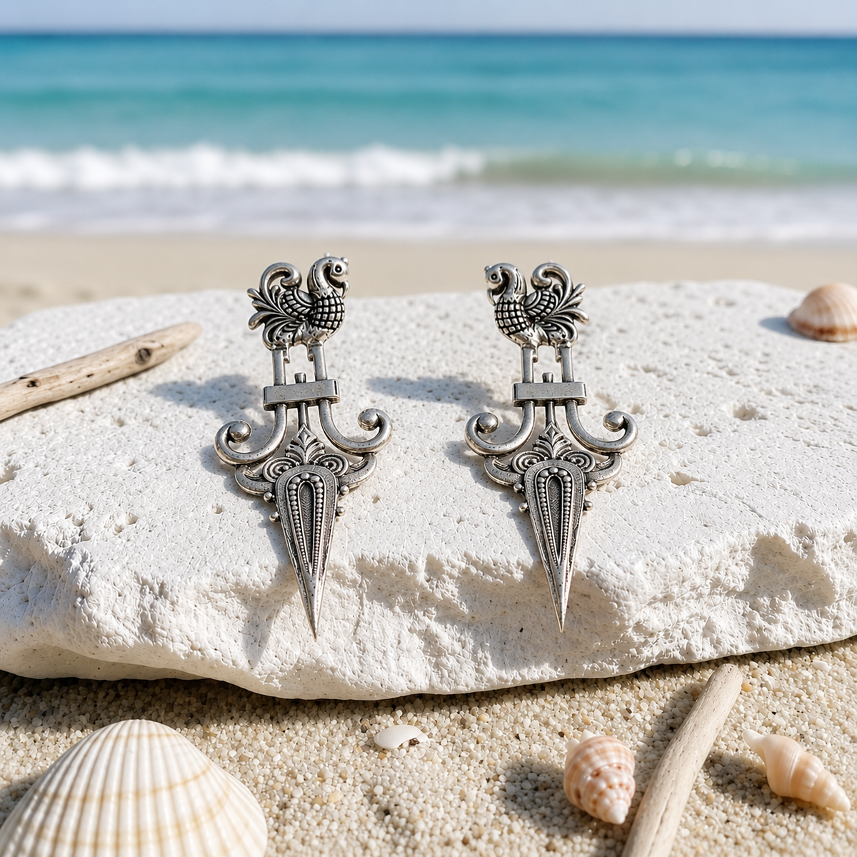 Sangeeta Boochra Handcrafted Oxidised Silver Peacock Motif Statement Earrings