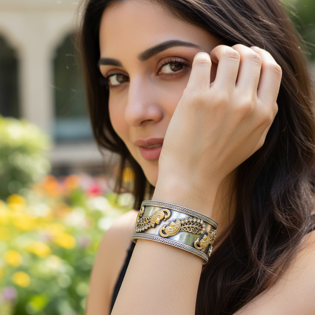 Peacock Motif Dual-Tone Silver Cuff – Sangeeta Boochra