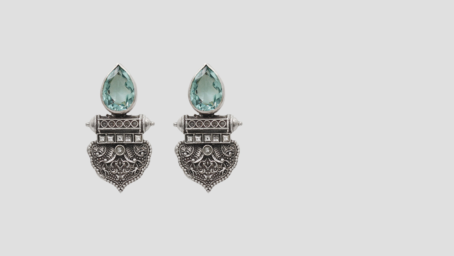 Sangeeta Boochra Vintage Style Silver Aqua Statement Earrings