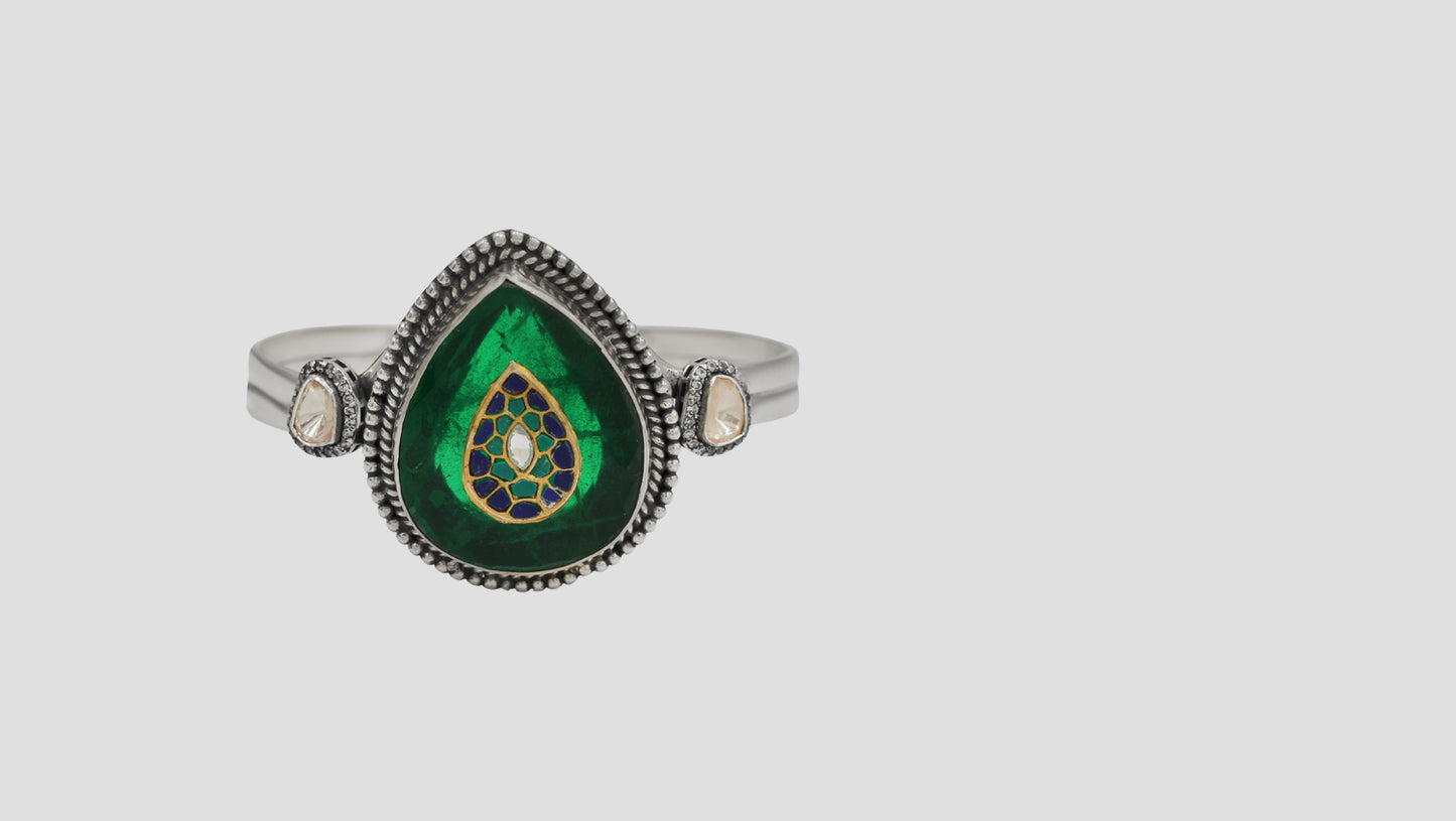 Sangeeta Boochra Handcrafted Green Stone & Kundan Silver Hand Bracelet