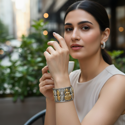 Heritage Goddess Motif Silver & Gold-Plated Statement Cuff