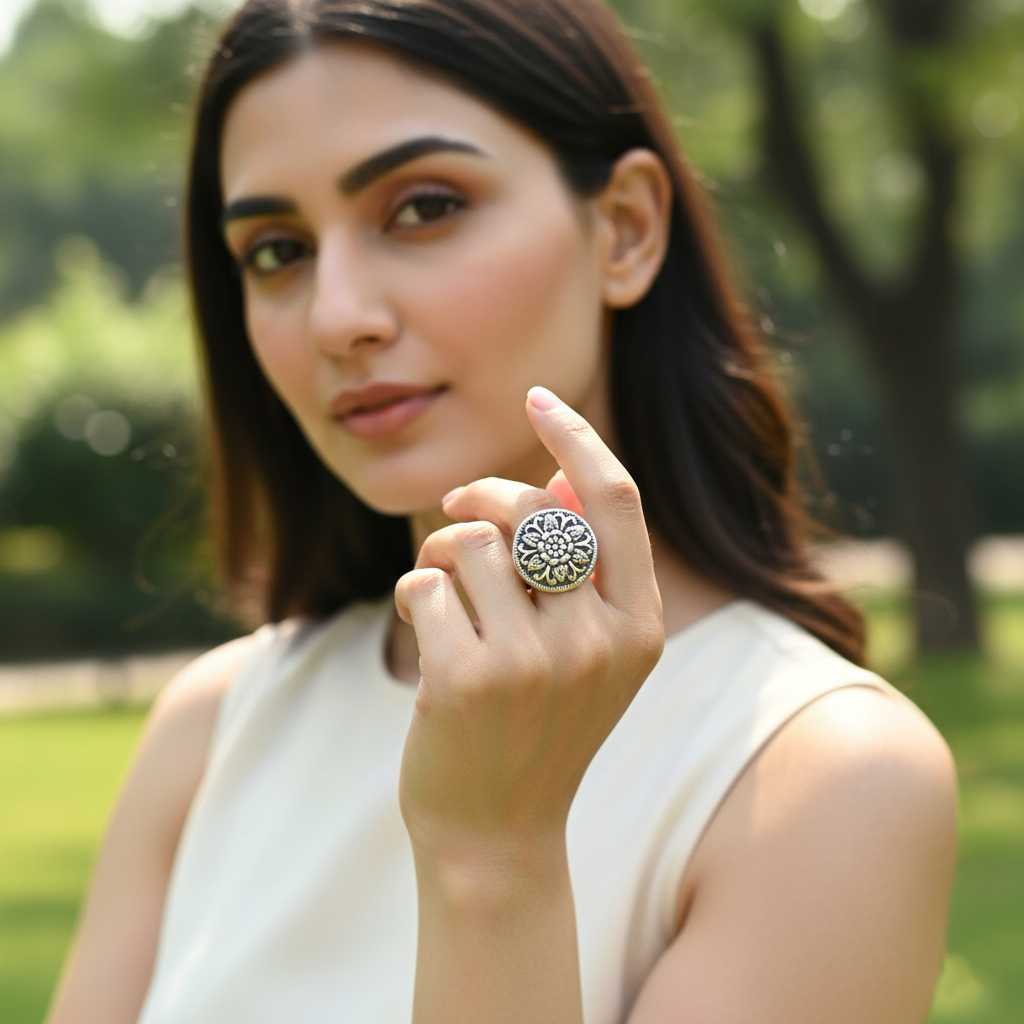 Sangeeta Boochra Antique Finish Silver Flower Ring