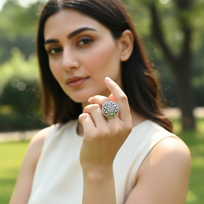 Sangeeta Boochra Antique Finish Silver Flower Ring
