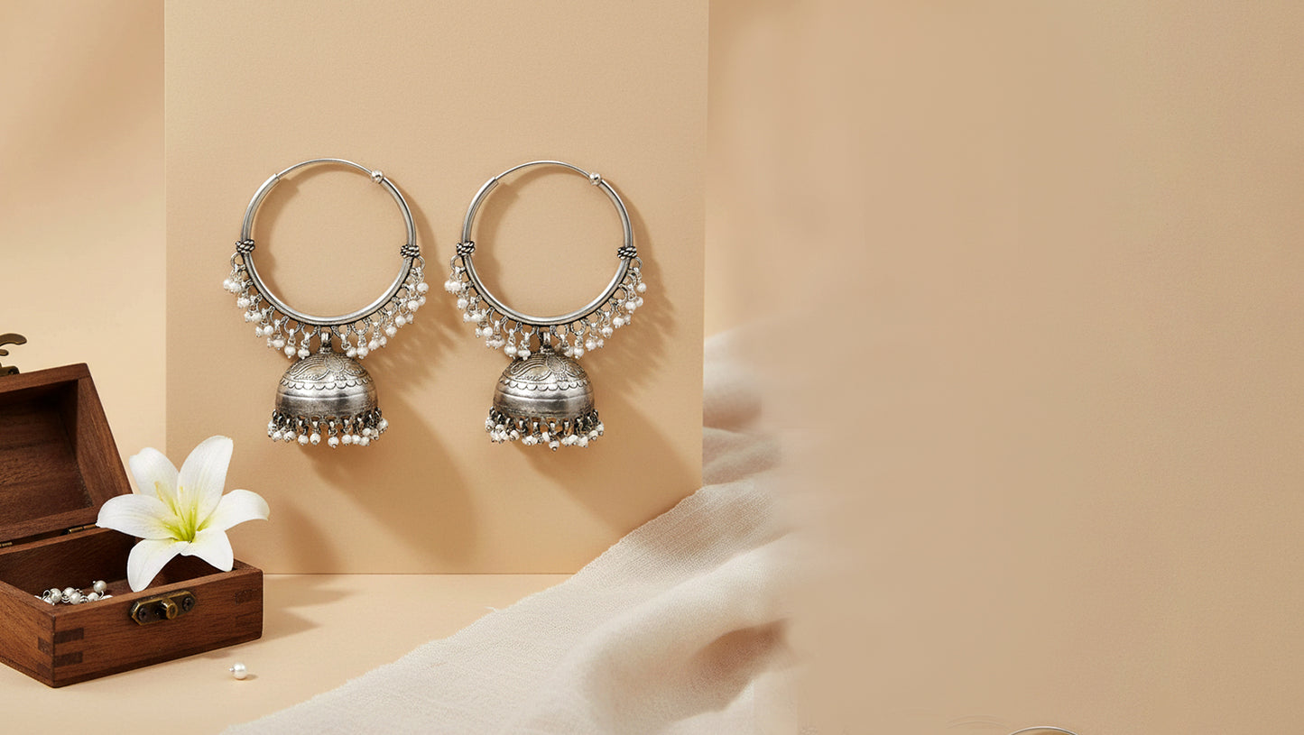 Sangeeta Boochra Classic Jhumka Hoop Earrings in Oxidized Silver