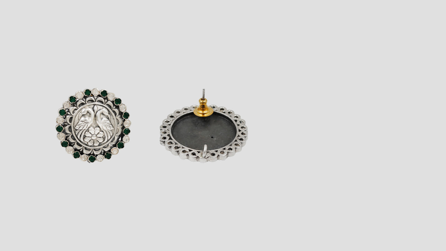Sangeeta Boochra Signature Oxidised Silver Peacock Heritage Stud Earrings