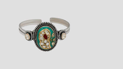 Sangeeta Boochra Silver Statement Bracelet with Turquoise-Tone Stone & Kundan Detailing