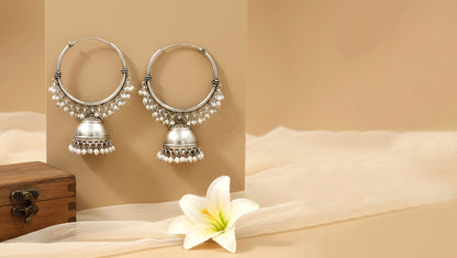 Oxidised Silver Hoop Jhumka Earrings by Sangeeta Boochra