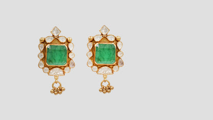 Sangeeta Boochra Gold Plated Sterling Silver Statement Earrings with Green Stone & Moissanite