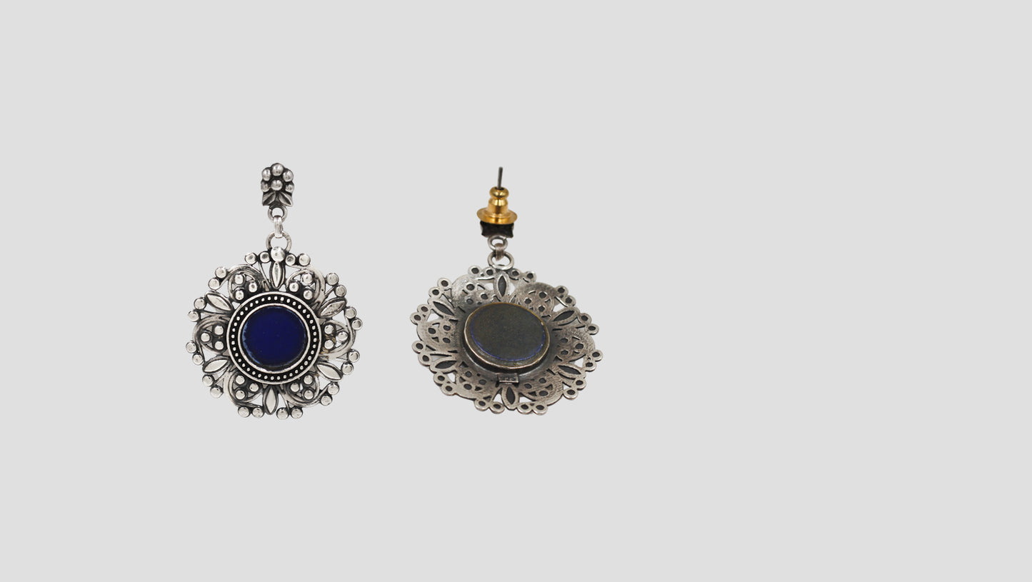 Sangeeta Boochra Artisan Silver Earrings with Blue Center Stone
