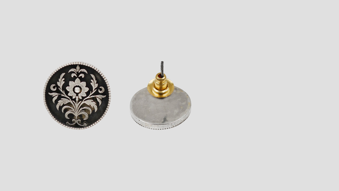 Sangeeta Boochra Handcrafted Oxidised Silver Engraved Floral Stud Earrings