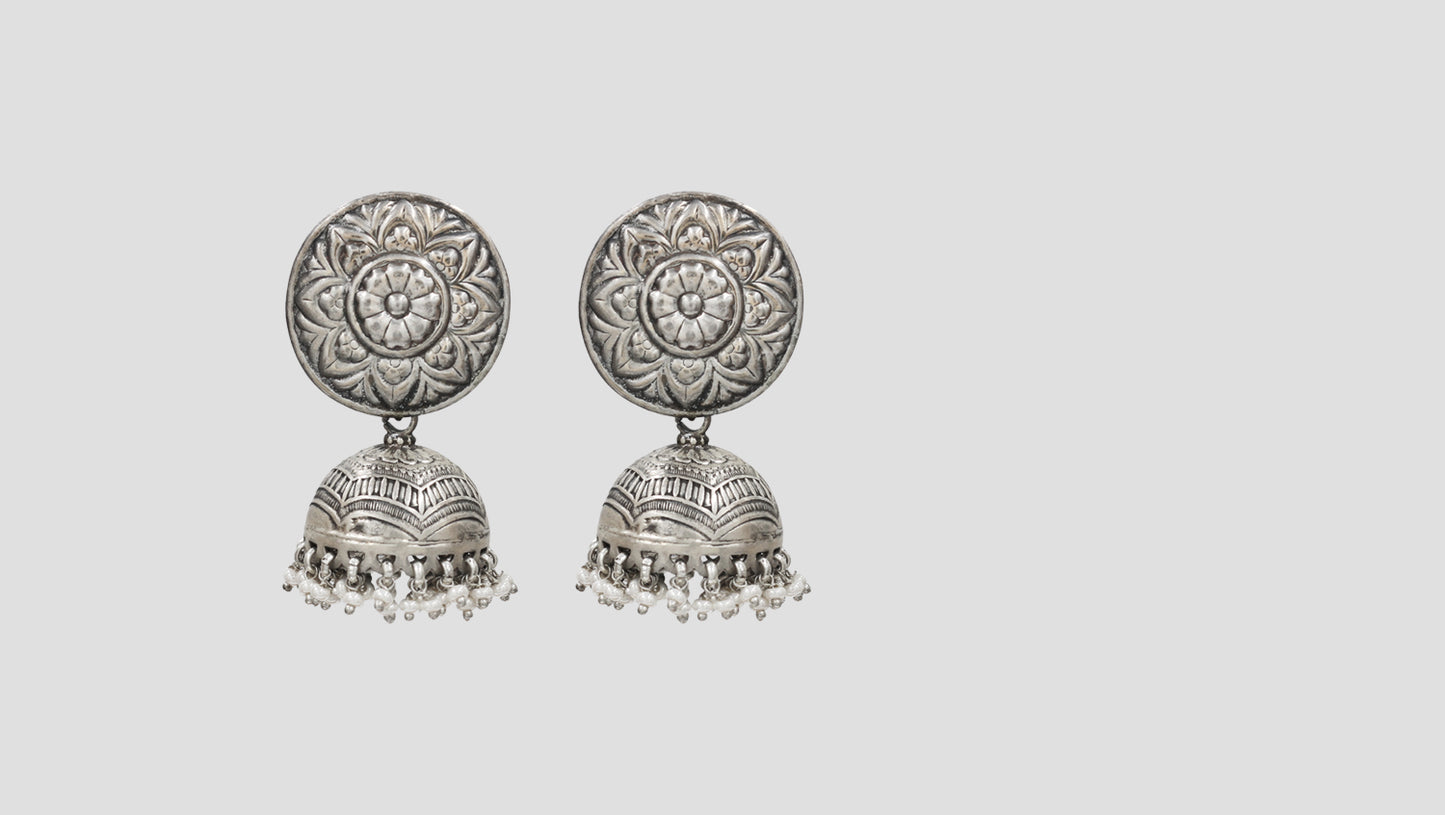 Sangeeta Boochra Floral Oxidised Silver Jhumka Earrings with Pearl Drops