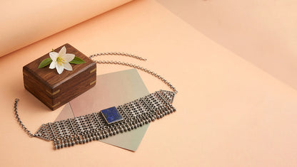 Sangeeta Boochra Handcrafted Silver Choker with Blue Centerpiece