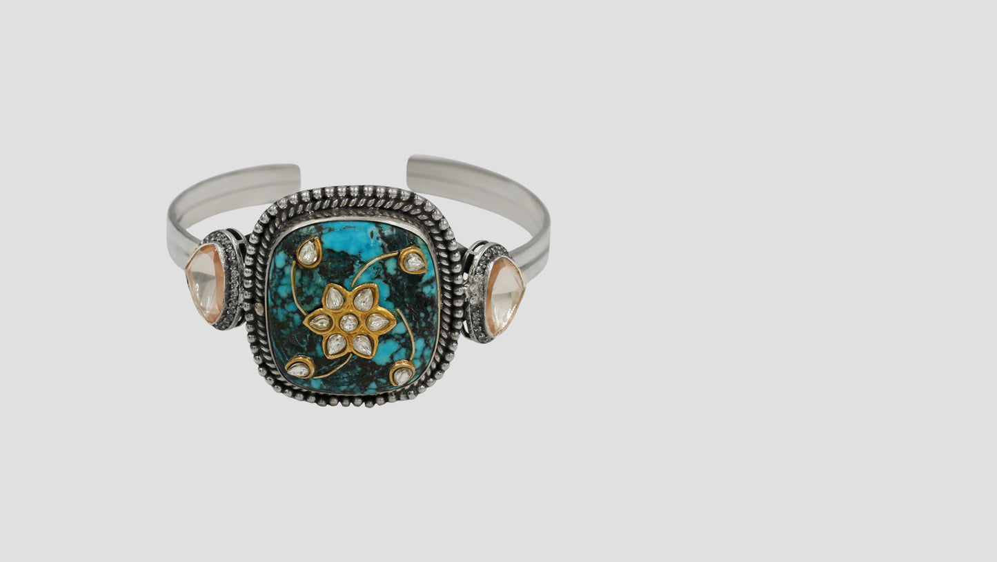 Sangeeta Boochra Silver Statement Bracelet with Turquoise Stone & Floral Motif