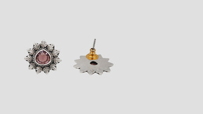 Oxidised Silver Flower Studs with Pink Stone – Sangeeta Boochra