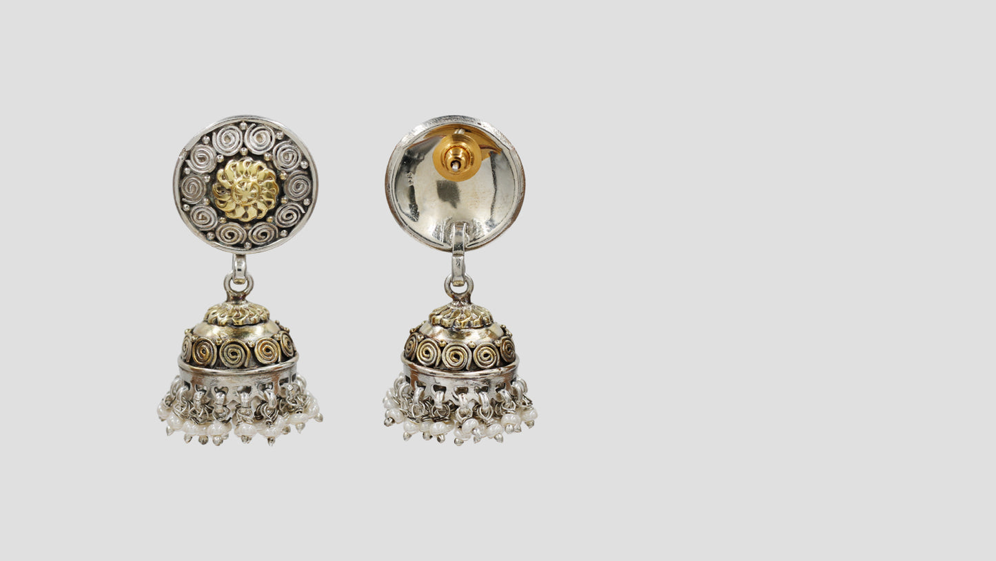Sangeeta Boochra Dual-Tone Oxidised Jhumka Earrings with Pearl Drops
