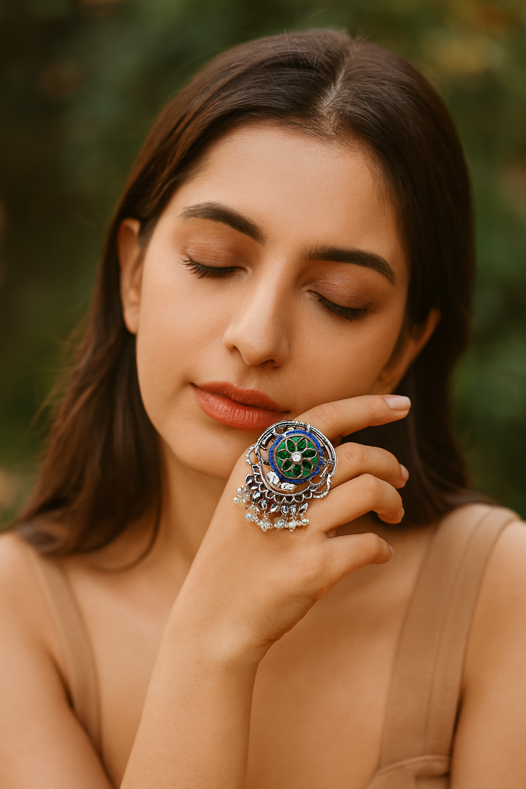 Sangeeta Boochra Silver Ring with Floral Enamel and Pearl Accents