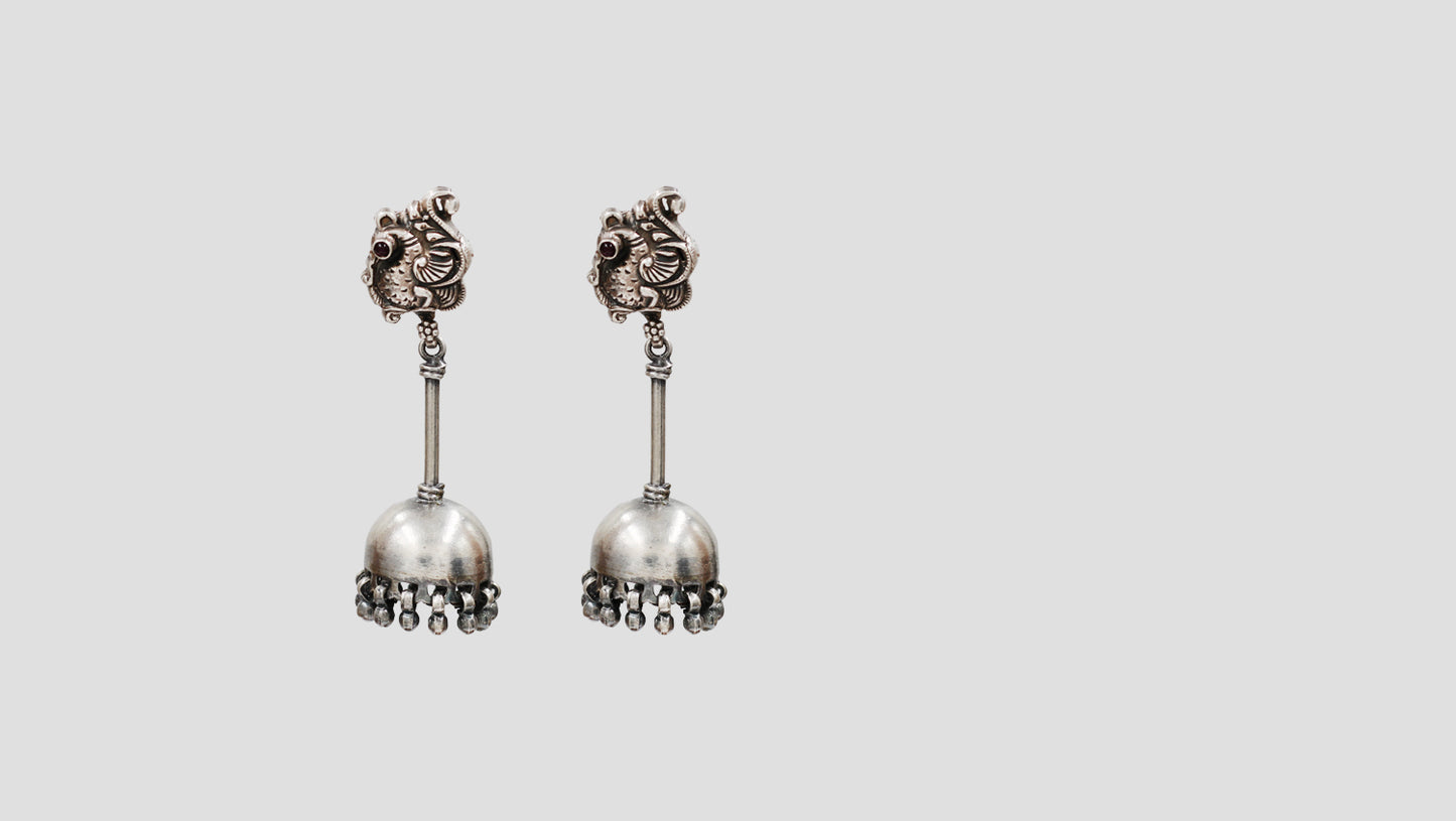 Sangeeta Boochra Oxidised Silver Peacock Motif Jhumka Earrings