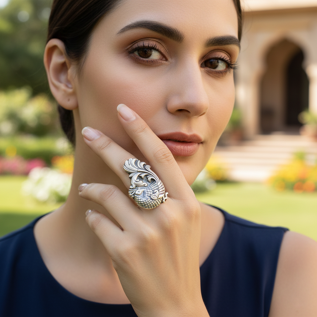 Artisan Peacock Motif Statement Ring – Sangeeta Boochra