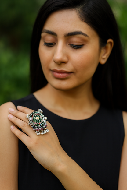 Sangeeta Boochra Handcrafted Silver Kundan Statement Ring