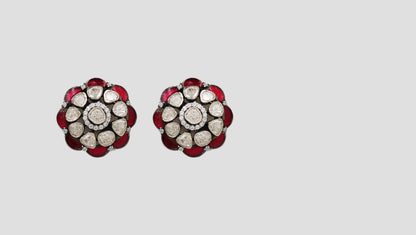 Sangeeta Boochra Handcrafted Silver Floral Earrings with Red Kundan & Moissanite