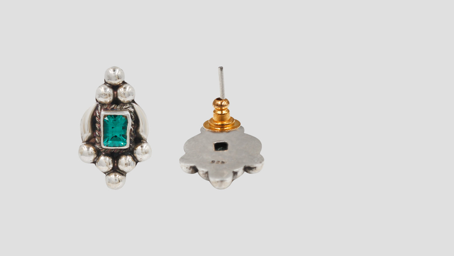 Handcrafted Oxidised Silver Stud Earrings with Green Stone | Sangeeta Boochra