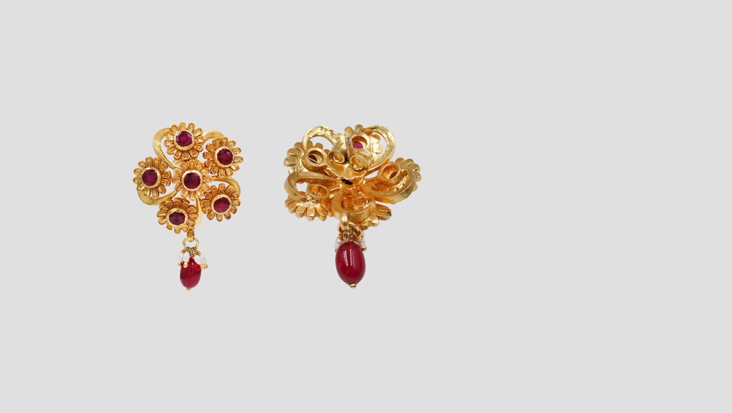 Sangeeta Boochra Gold-Plated Silver Kundan Earrings with Red Drops