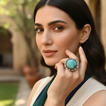 Sangeeta Boochra Handcrafted Silver Round Green Stone Ring