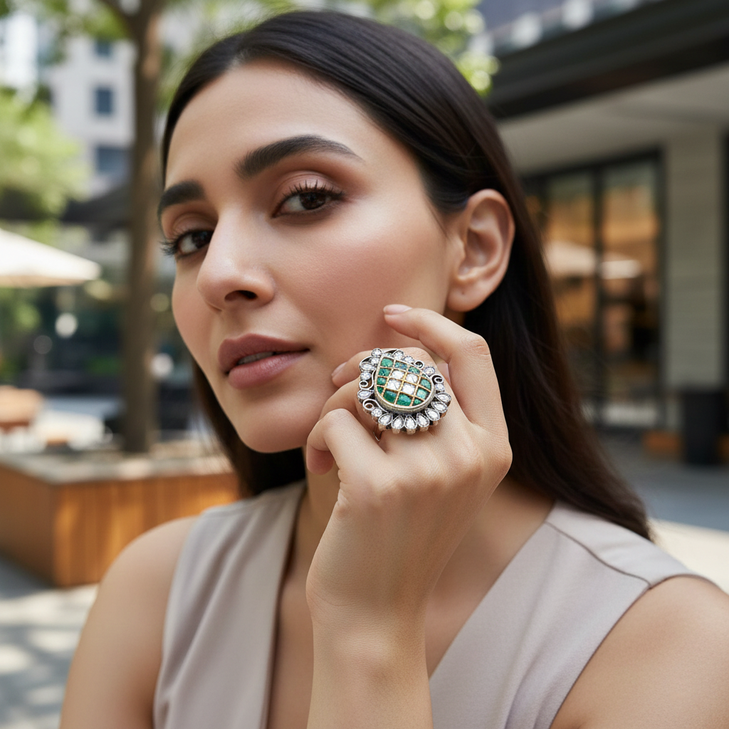 Handcrafted Green & White Kundan Silver Ring by Sangeeta Boochra