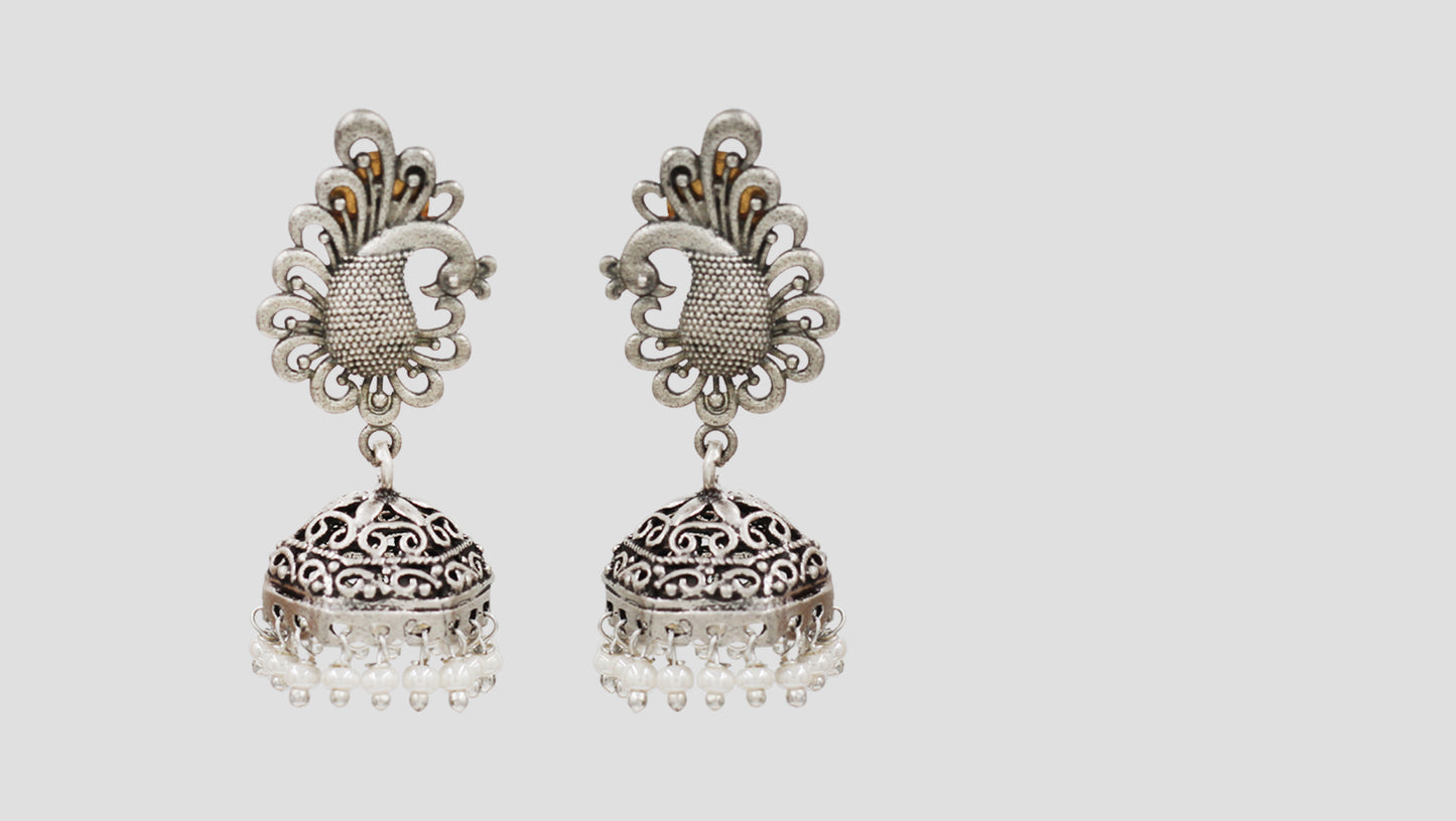Sangeeta Boochra Peacock Motif Silver Jhumka Earrings