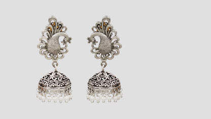 Sangeeta Boochra Peacock Motif Silver Jhumka Earrings