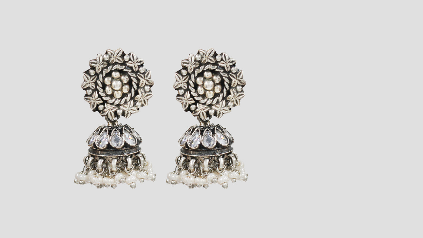 Floral Pearl Oxidised Silver Jhumka Earrings