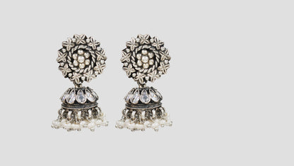 Floral Pearl Oxidised Silver Jhumka Earrings