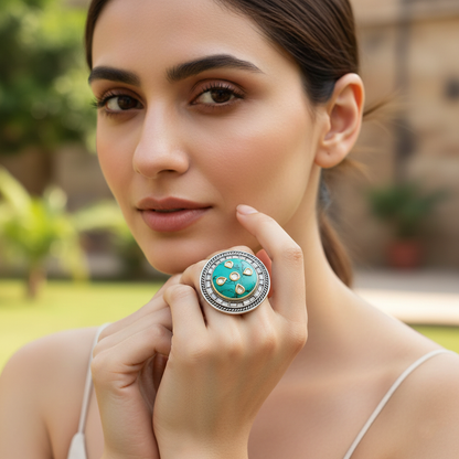 Sangeeta Boochra Handcrafted Turquoise Statement Silver Ring