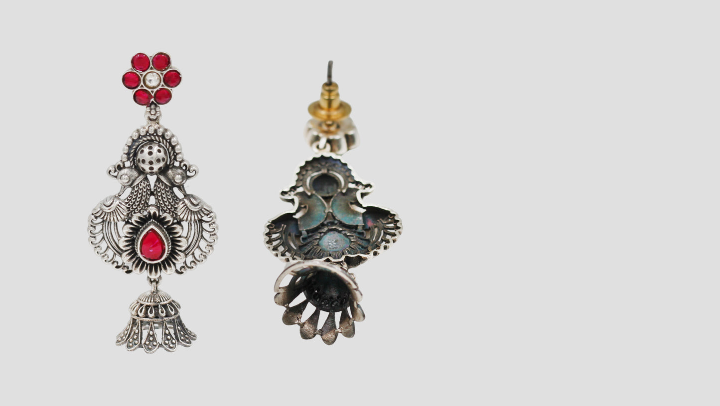 Sangeeta Boochra Handcrafted Peacock Silver Earrings with Ruby Kundan Detailing