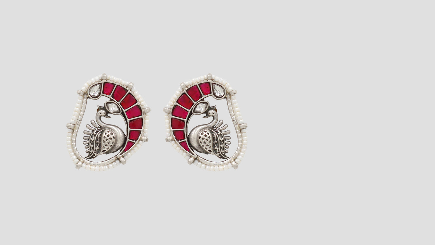 Sangeeta Boochra Ethnic Peacock Silver Earrings with Red Stone