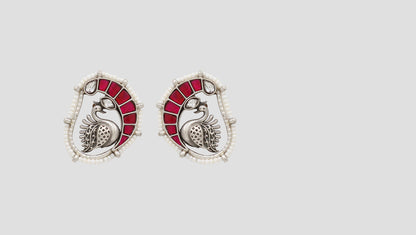 Sangeeta Boochra Ethnic Peacock Silver Earrings with Red Stone