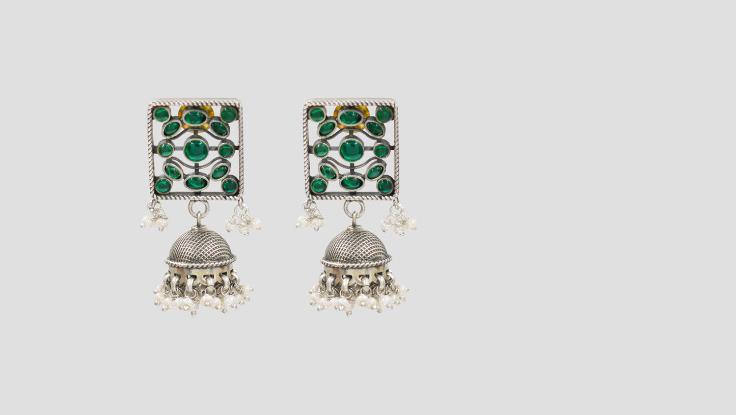 Sangeeta Boochra Traditional Green Stone Silver Jhumkas