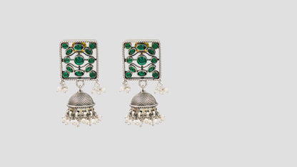 Sangeeta Boochra Traditional Green Stone Silver Jhumkas