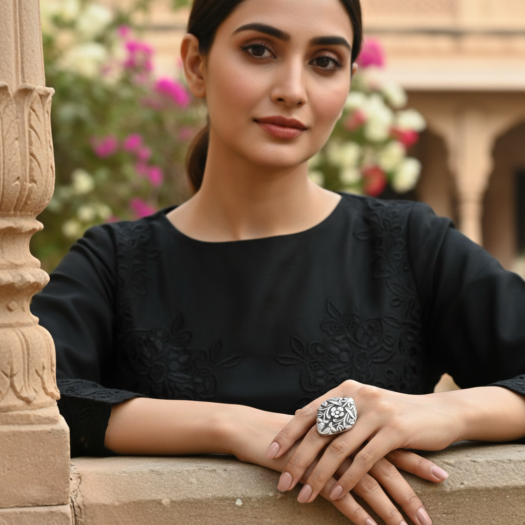 Artisan Floral Motif Oxidised Silver Ring