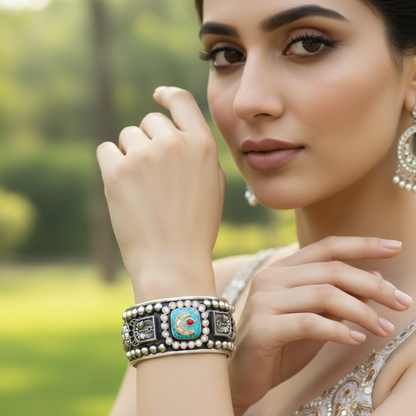 Sangeeta Boochra Artisan Oxidised Silver Cuff with Stone Detailing